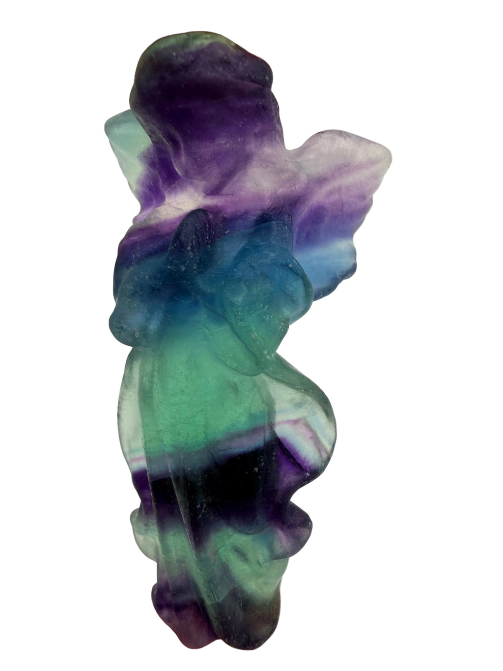 Rainbow Fluorite Angel Carving – Handheld Crystal Guardian (Green, blue & Purple Banding)