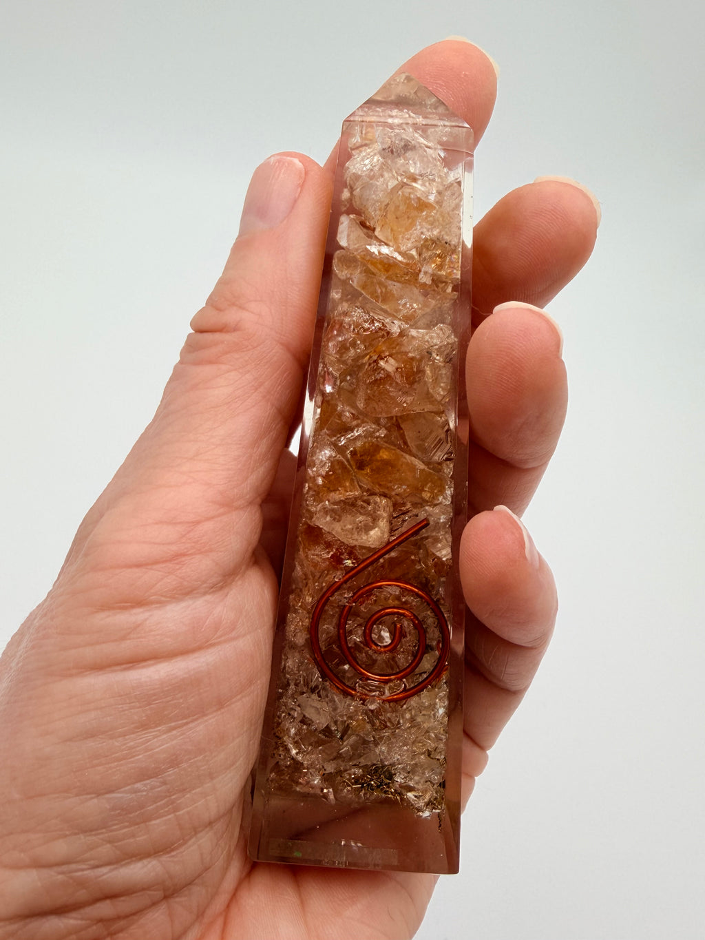 Citrine Crystal Chip Obelisk – Golden Quartz Resin Tower with Copper Coil