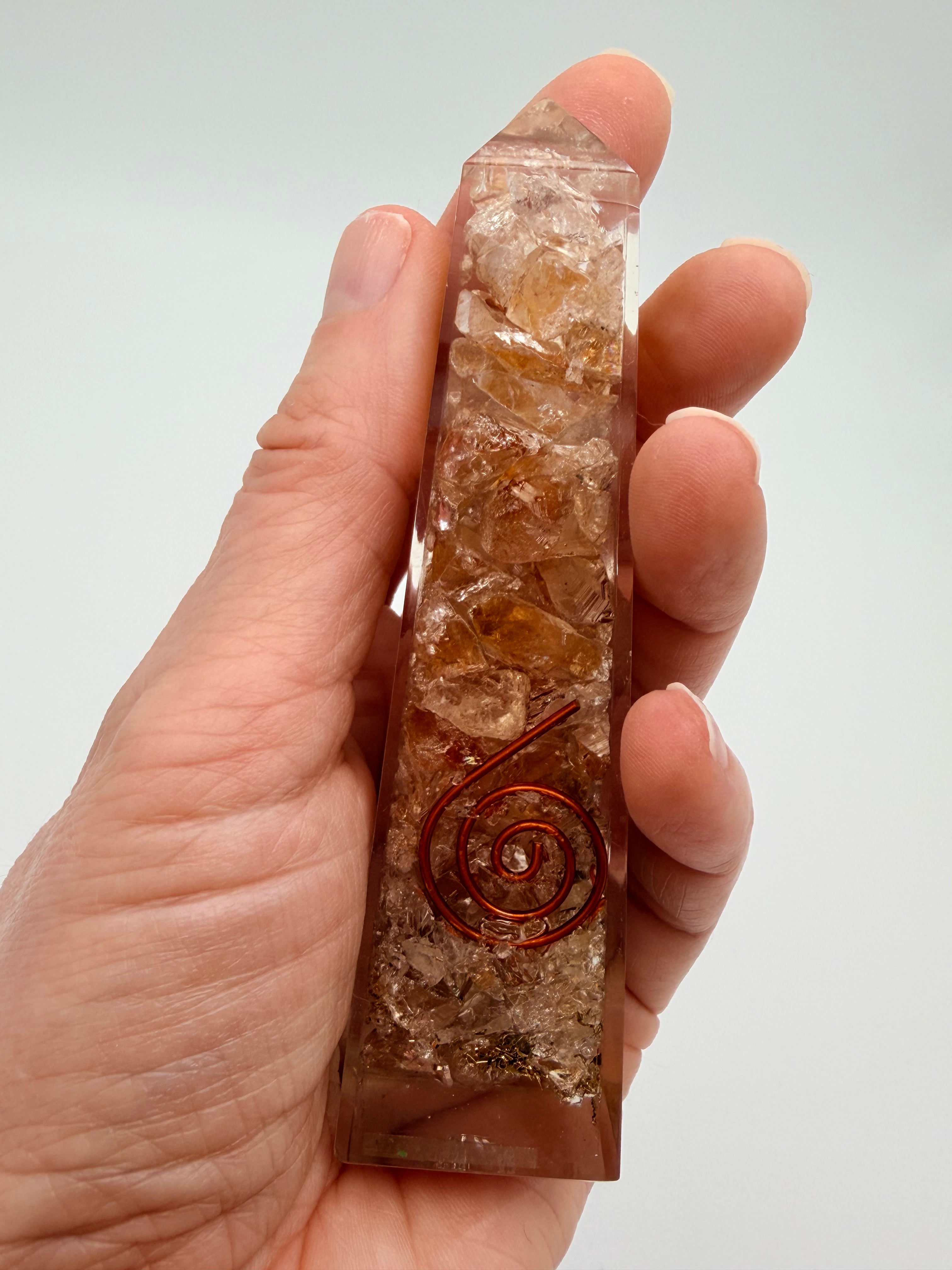 Citrine Crystal Chip Obelisk – Golden Quartz Resin Tower with Copper Coil