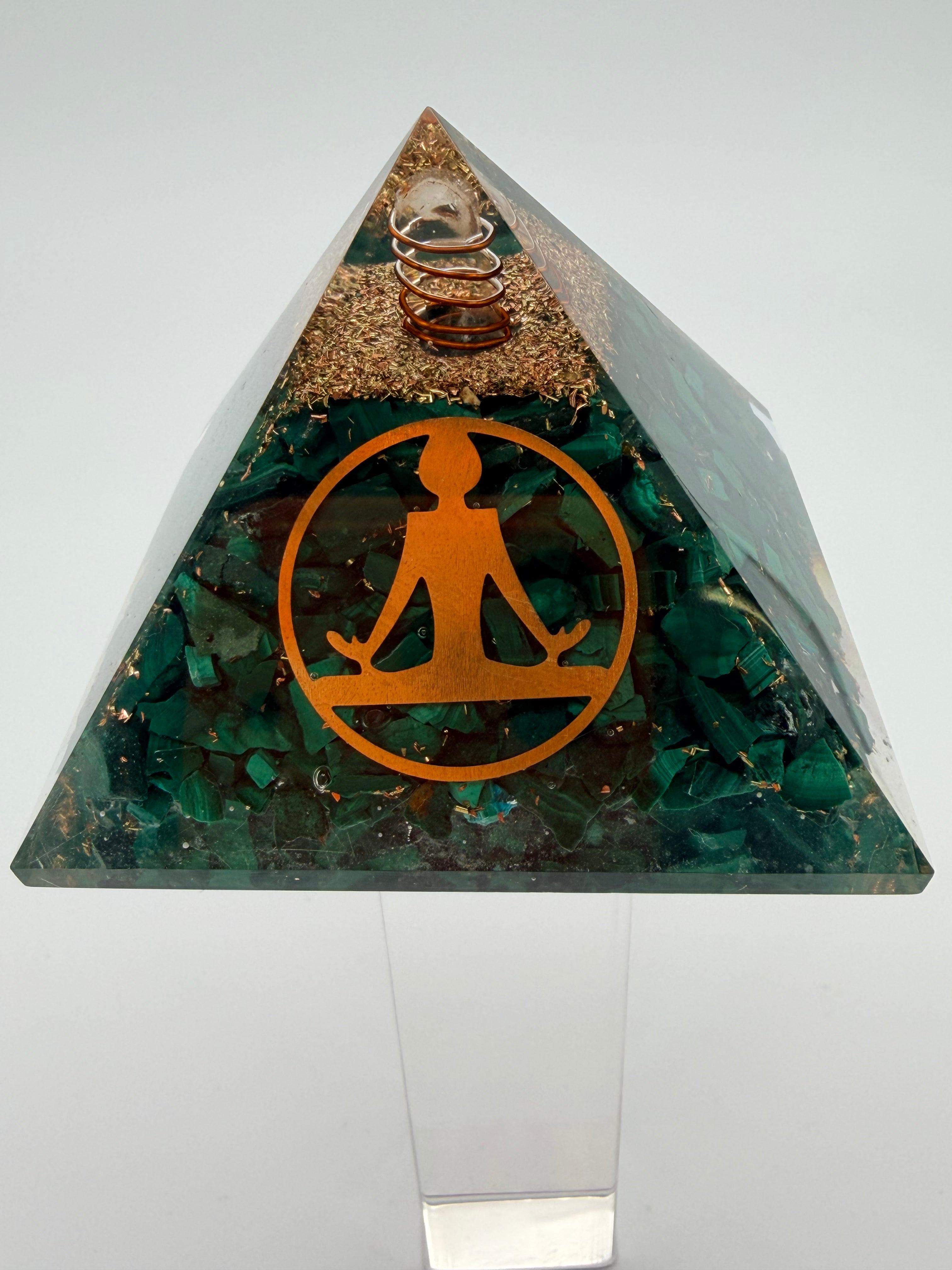 Malachite Orgonite Pyramid – Copper Coil & Quartz Point – 260g