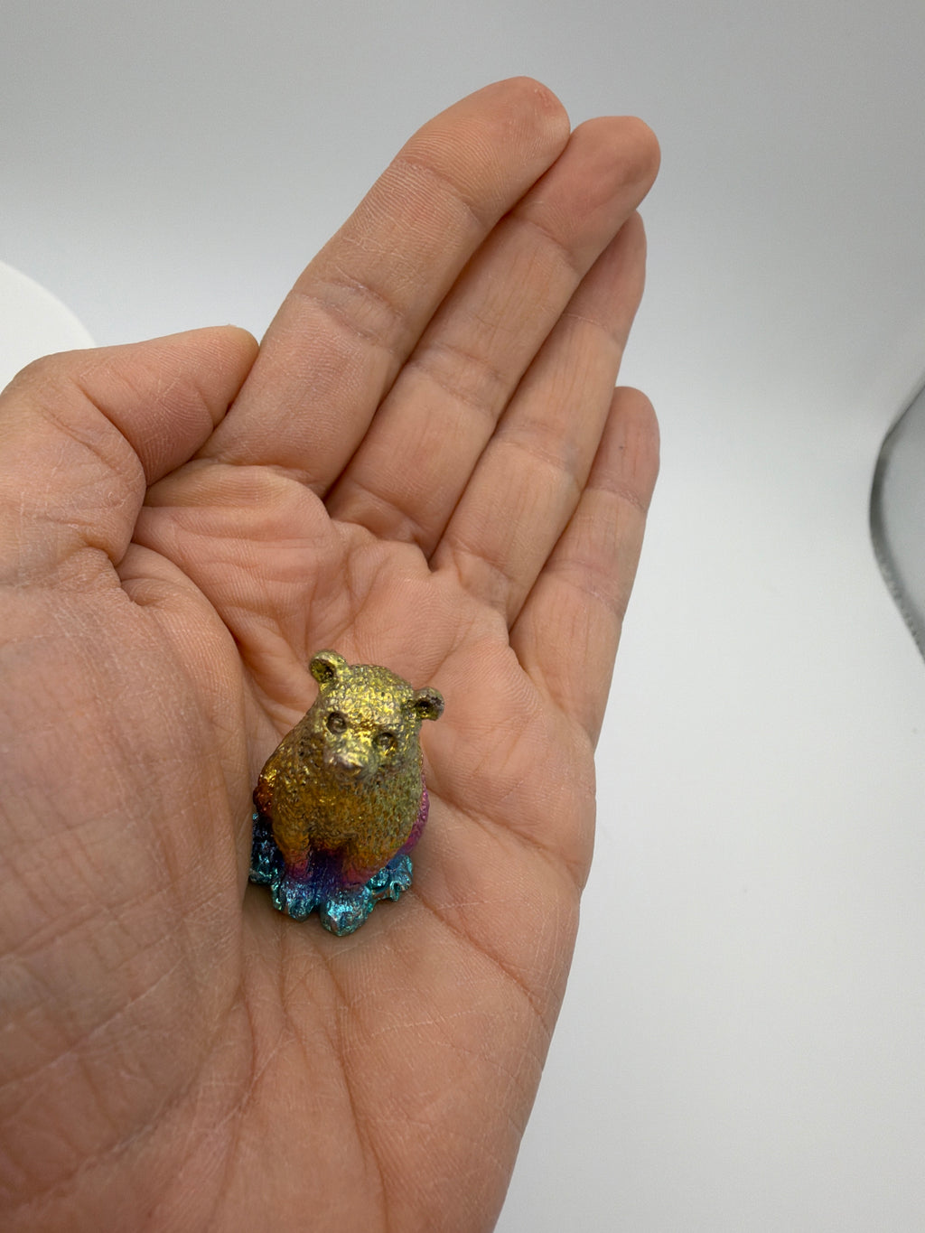 Solid Bismuth Bear Carving – Rainbow Metallic Crystal (49g)