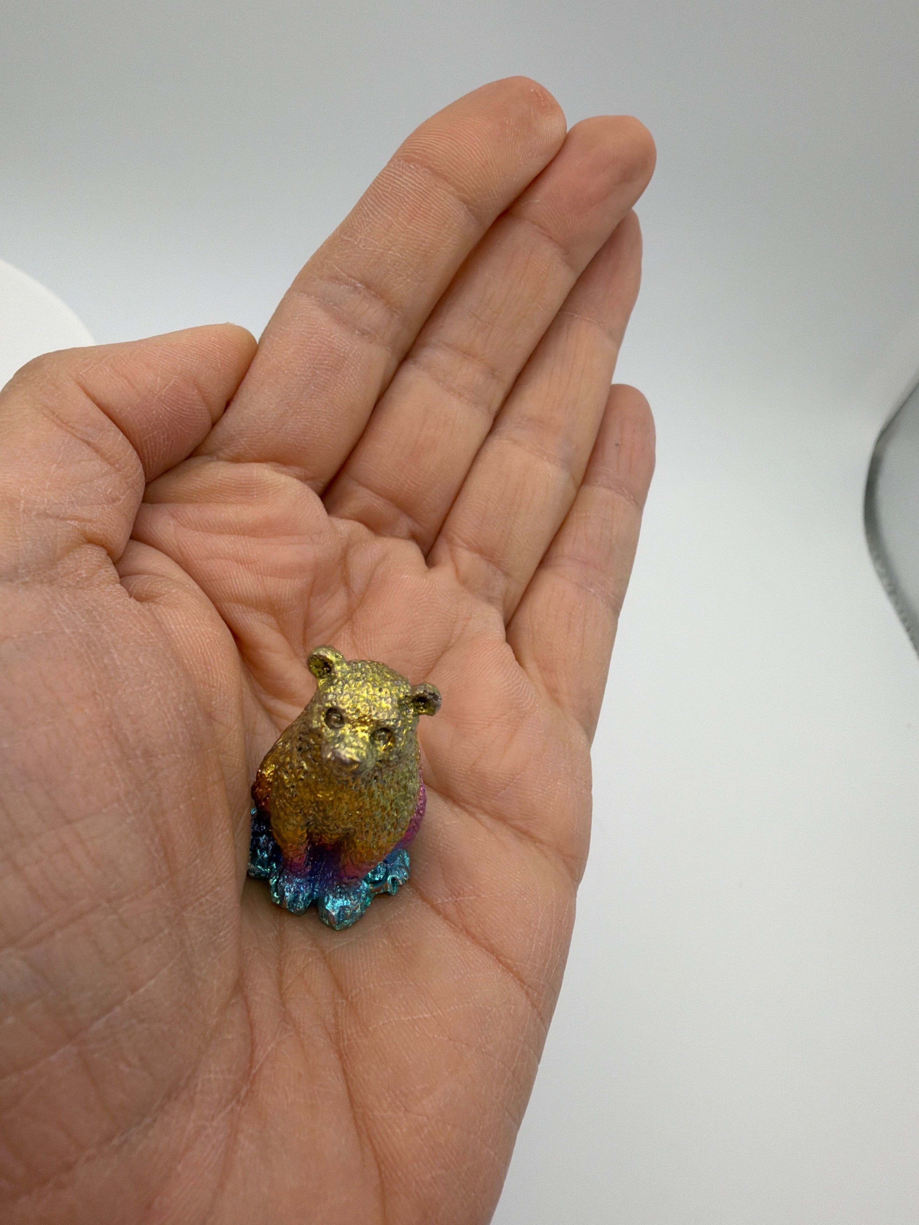 Solid Bismuth Bear Carving – Rainbow Metallic Crystal (49g)