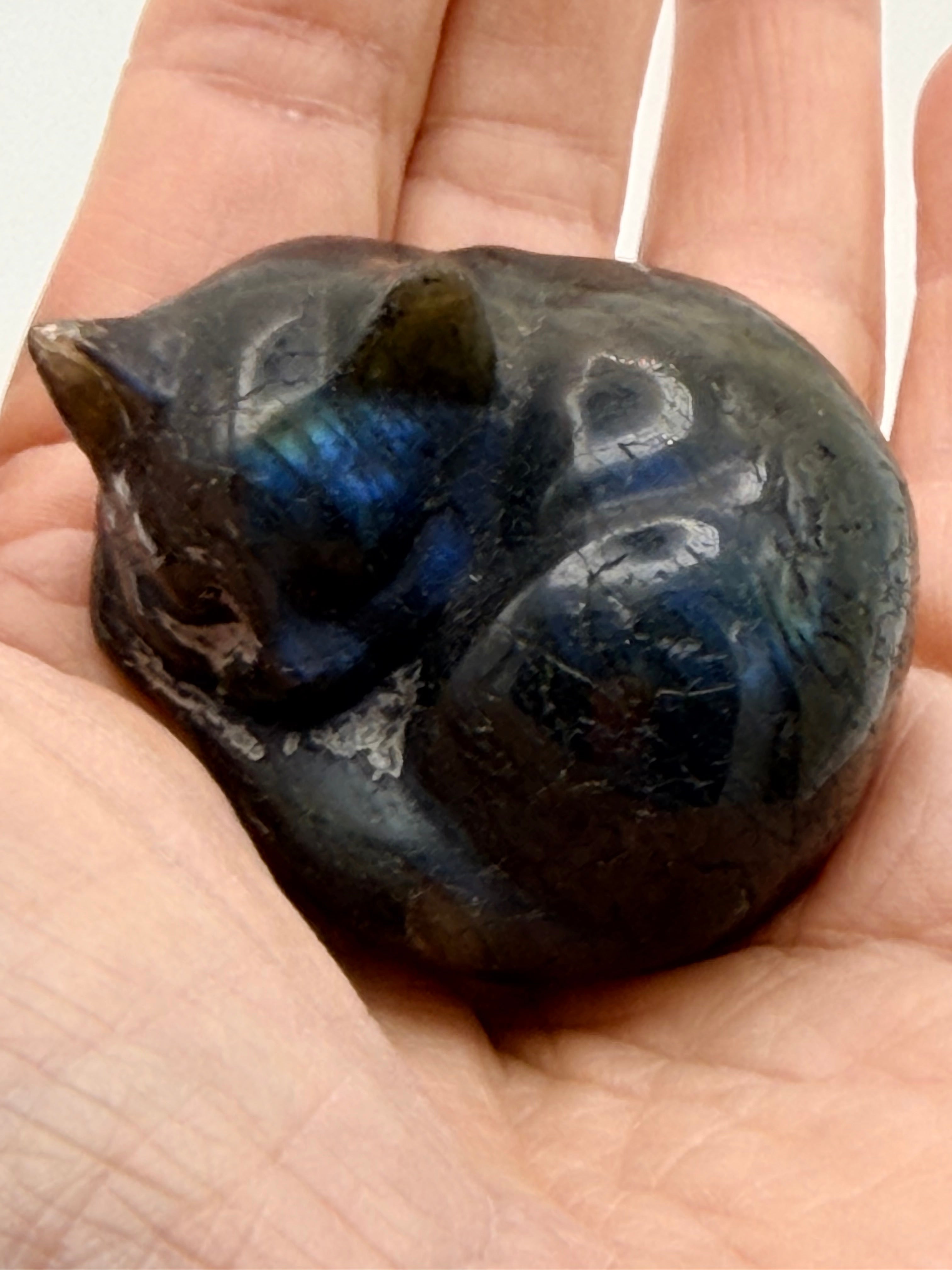 Labradorite Sleeping Cat Carving – Flashy Blue Sheen – 75g