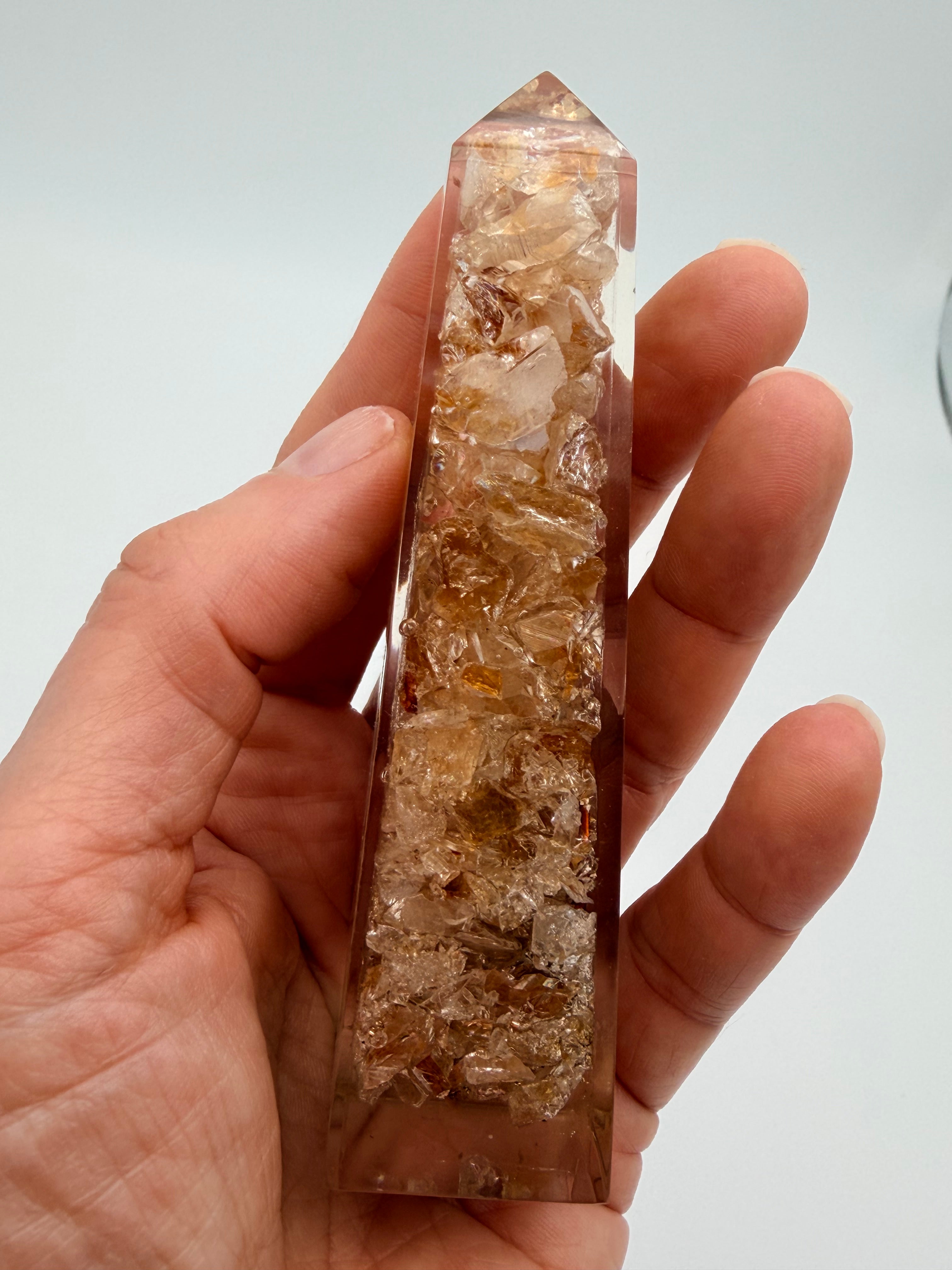 Citrine Crystal Chip Obelisk – Golden Quartz Resin Tower with Copper Coil