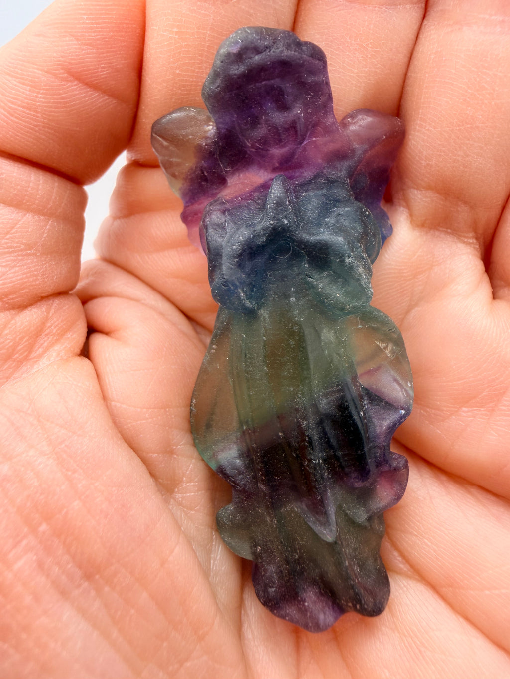 Rainbow Fluorite Angel Carving – Handheld Crystal Guardian (Green, blue & Purple Banding)