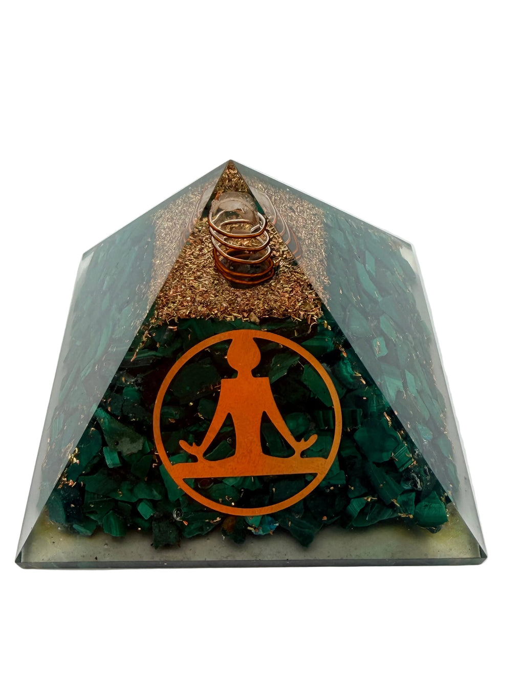 Malachite Orgonite Pyramid – Copper Coil & Quartz Point – 260g