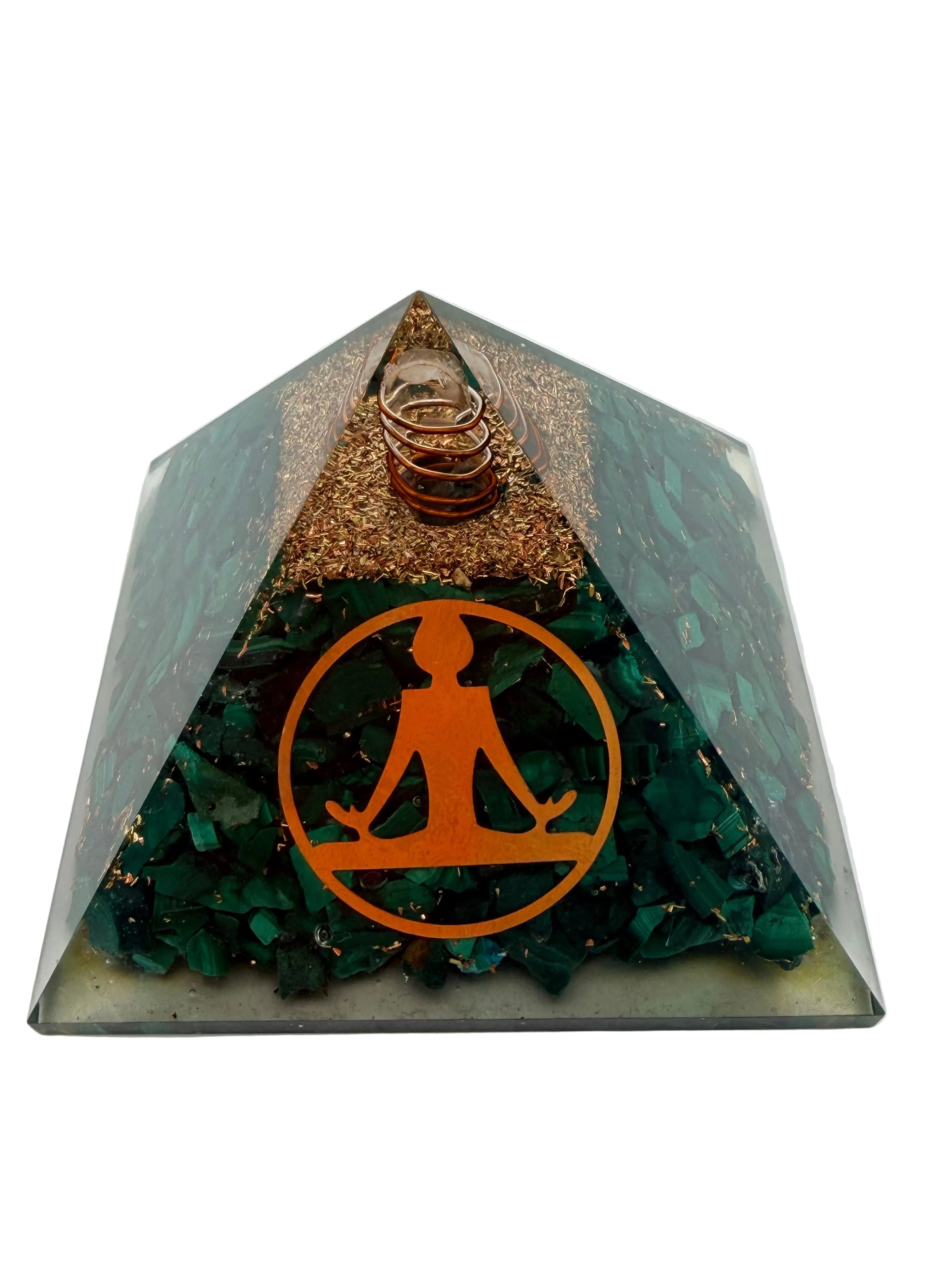 Malachite Orgonite Pyramid – Copper Coil & Quartz Point – 260g