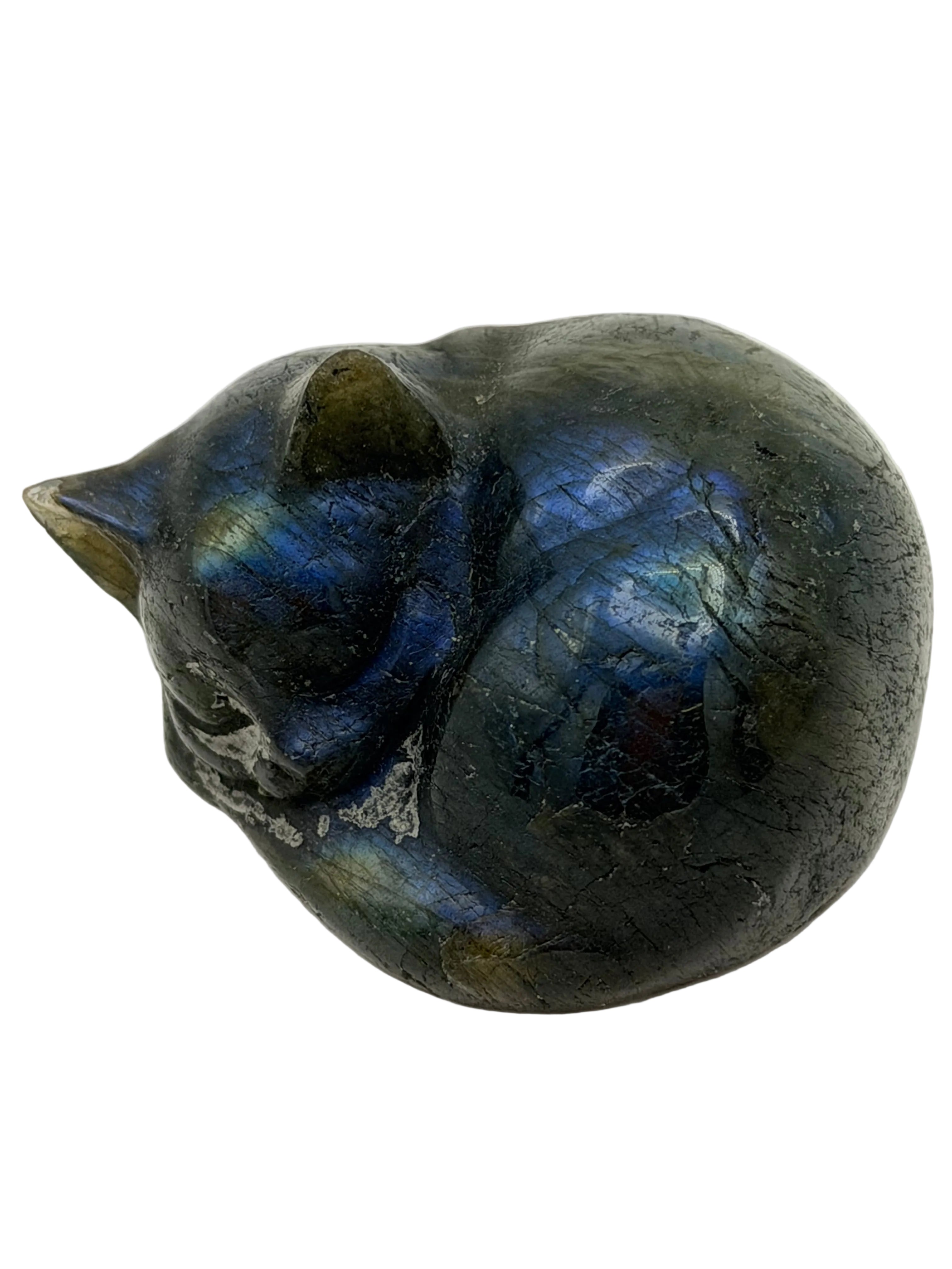 Labradorite Sleeping Cat Carving – Flashy Blue Sheen – 75g