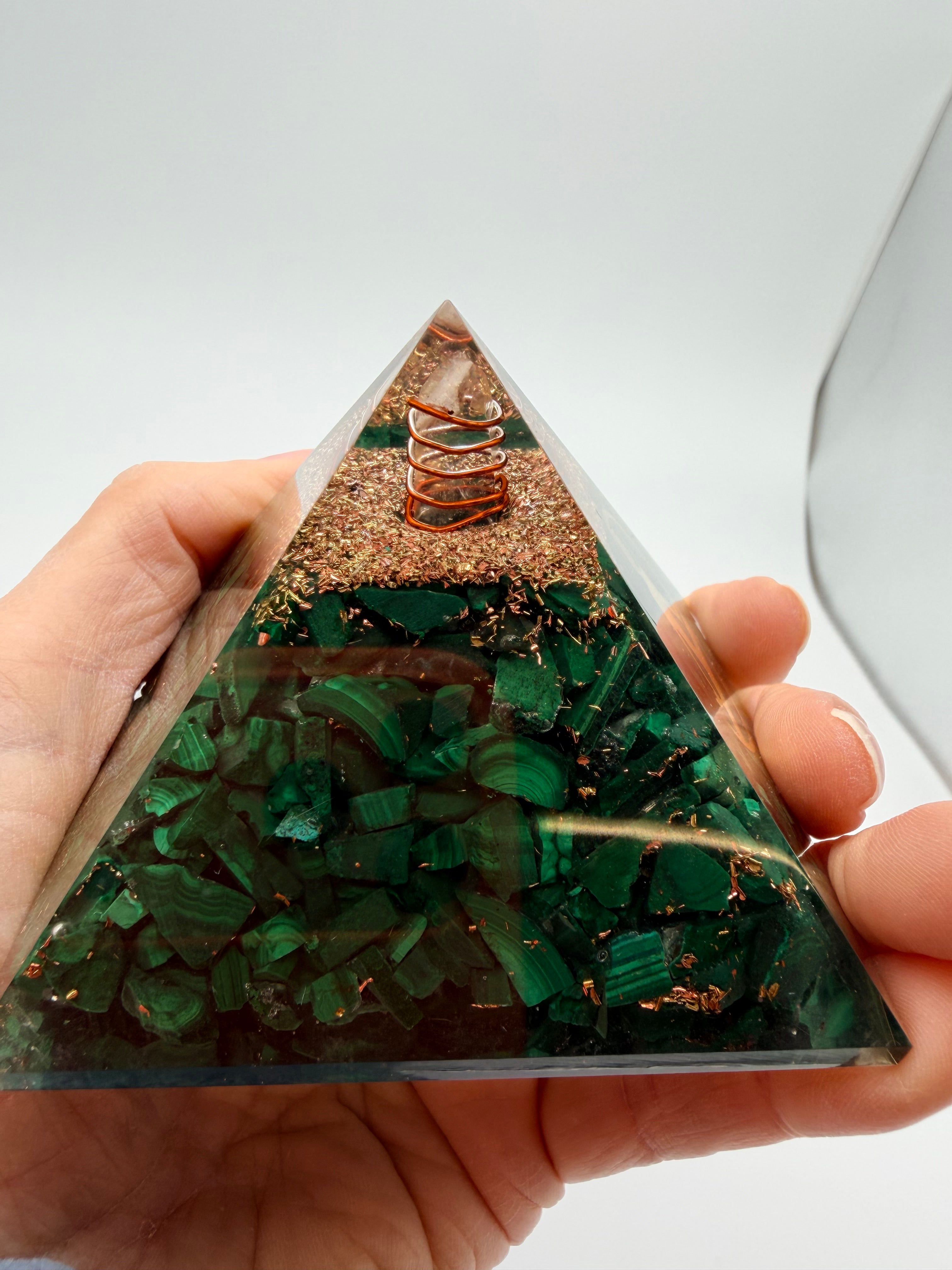 Malachite Orgonite Pyramid – Copper Coil & Quartz Point – 260g