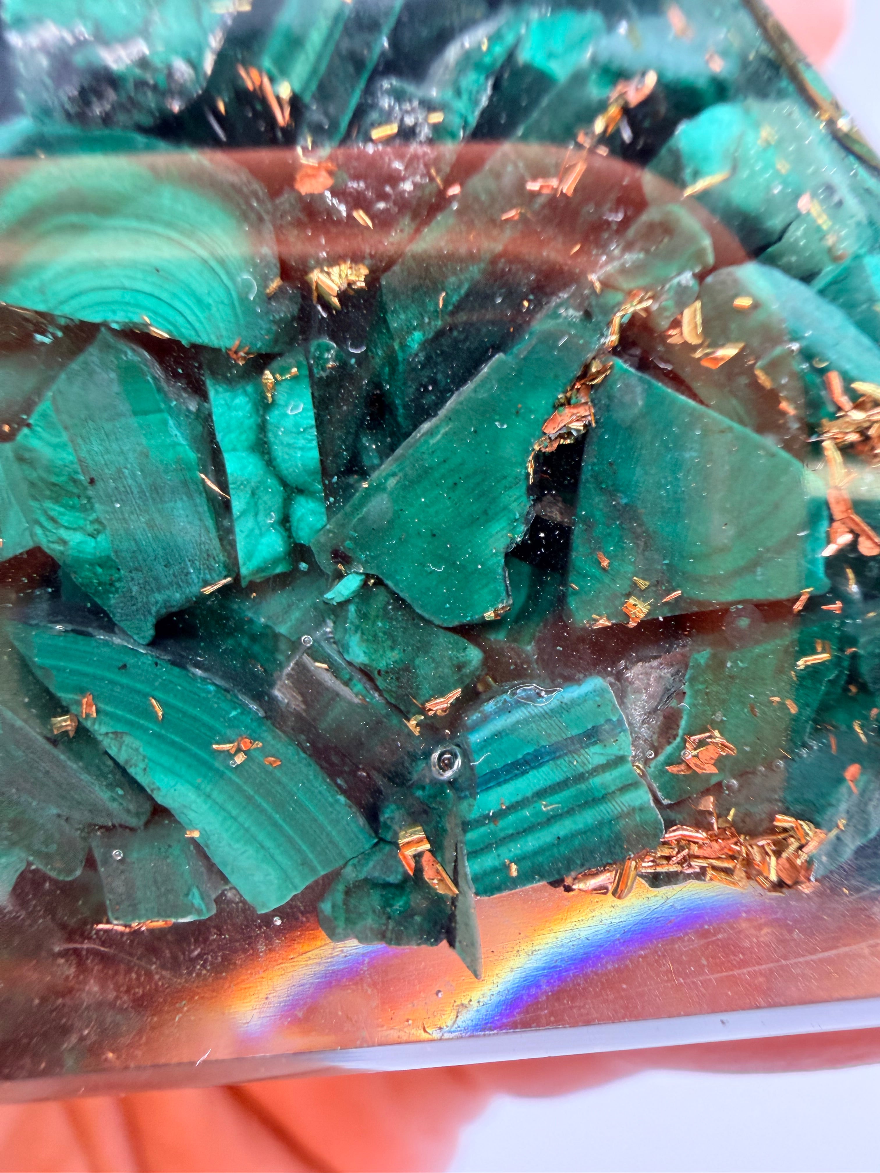 Malachite Orgonite Pyramid – Copper Coil & Quartz Point – 260g