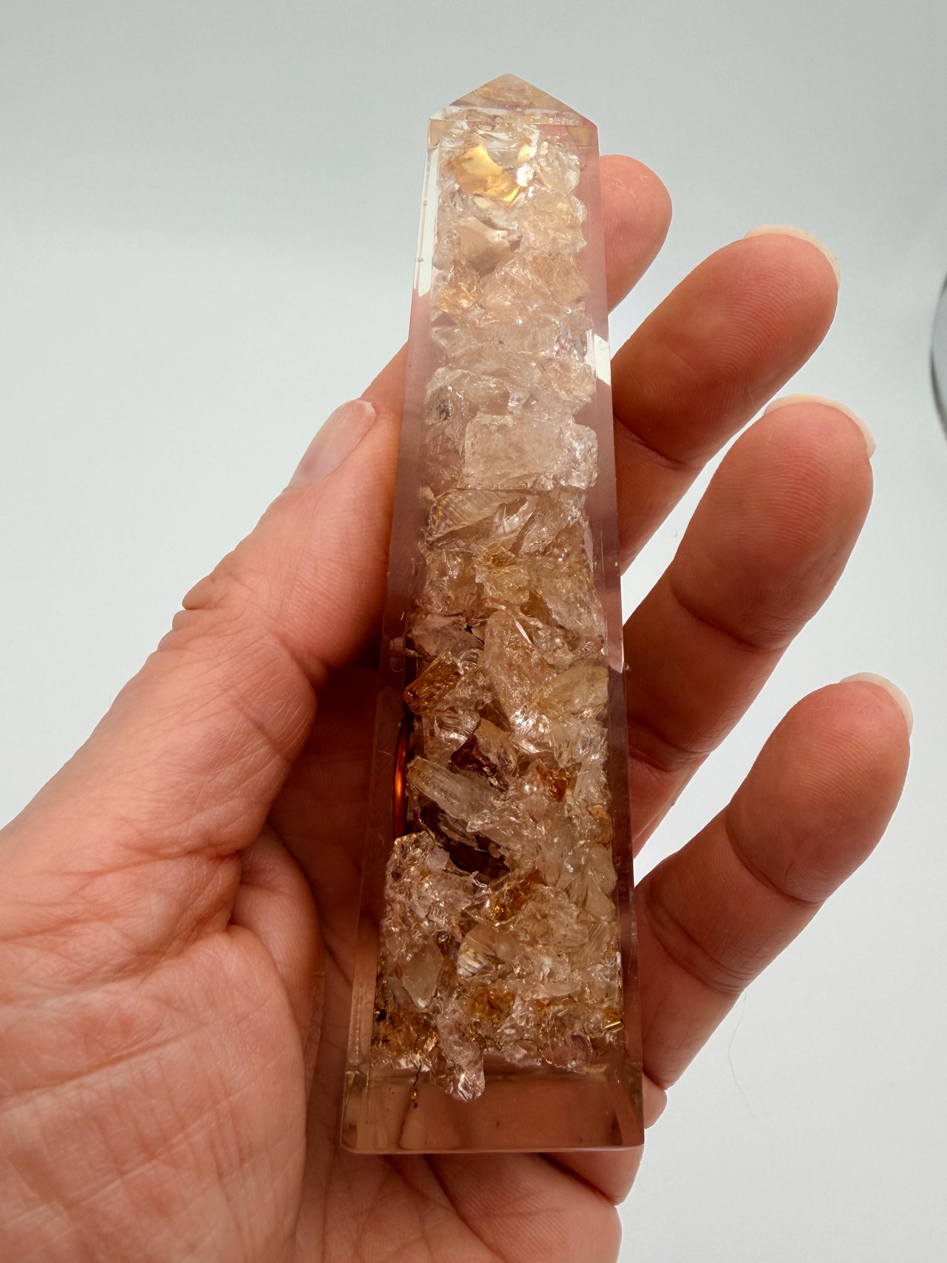 Citrine Crystal Chip Obelisk – Golden Quartz Resin Tower with Copper Coil
