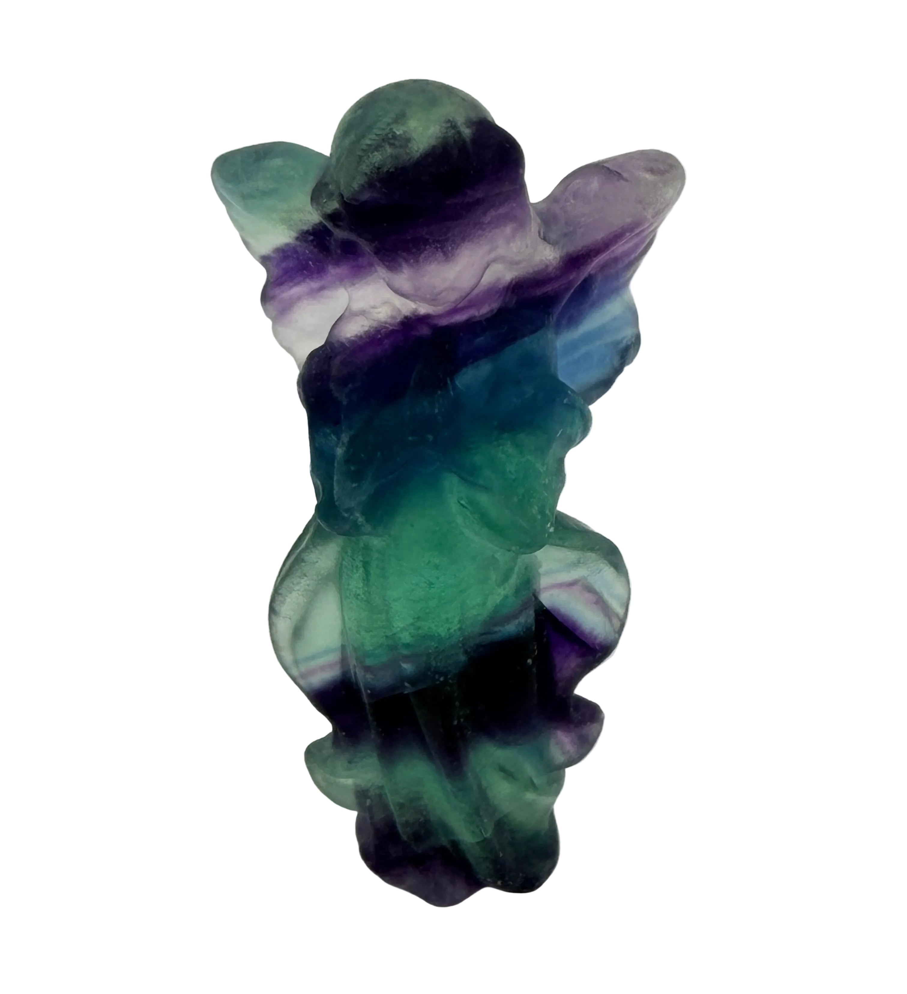 Rainbow Fluorite Angel Carving – Handheld Crystal Guardian (Green, blue & Purple Banding)