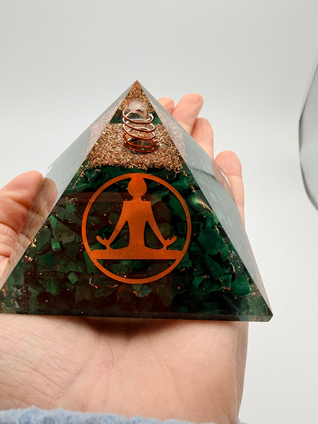 Malachite Orgonite Pyramid – Copper Coil & Quartz Point – 260g