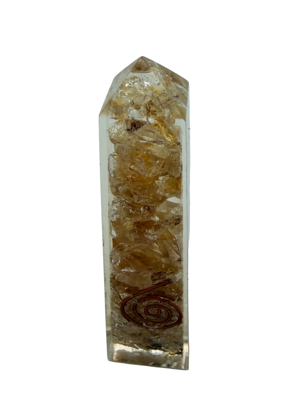 Citrine Crystal Chip Obelisk – Golden Quartz Resin Tower with Copper Coil