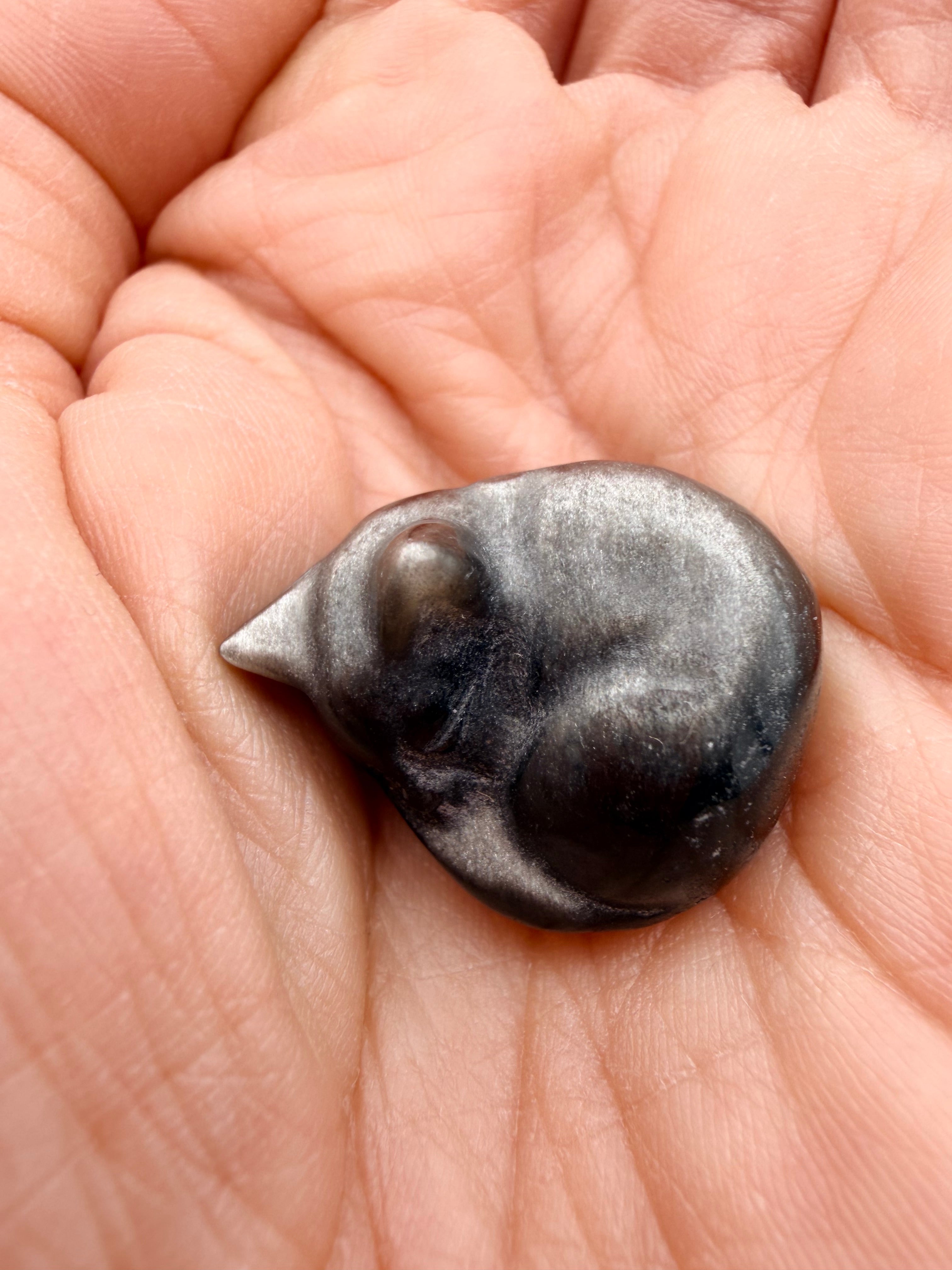 Black-Silver sheen Obsidian mini kitten sleeping protection stone