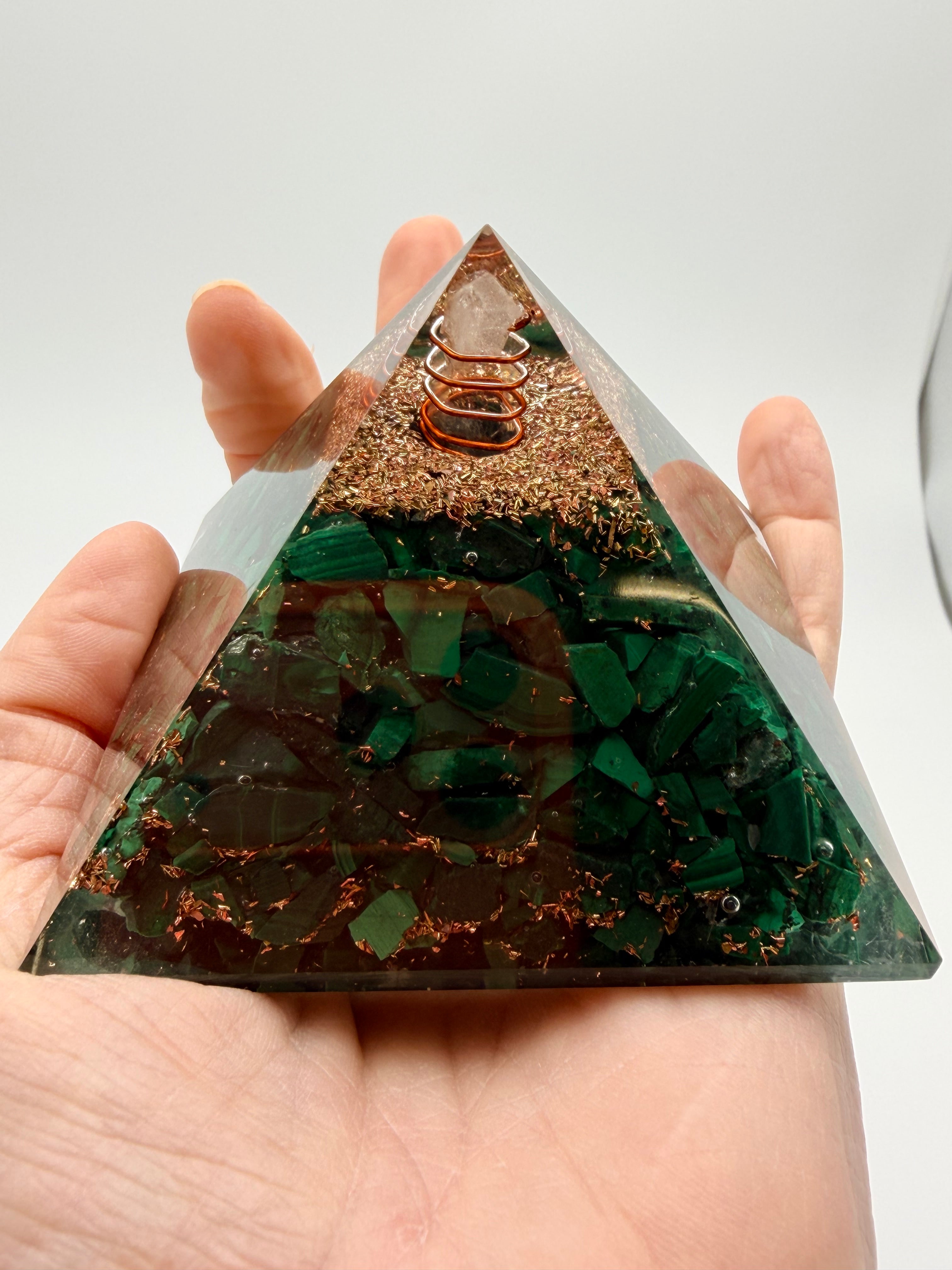 Malachite Orgonite Pyramid – Copper Coil & Quartz Point – 260g