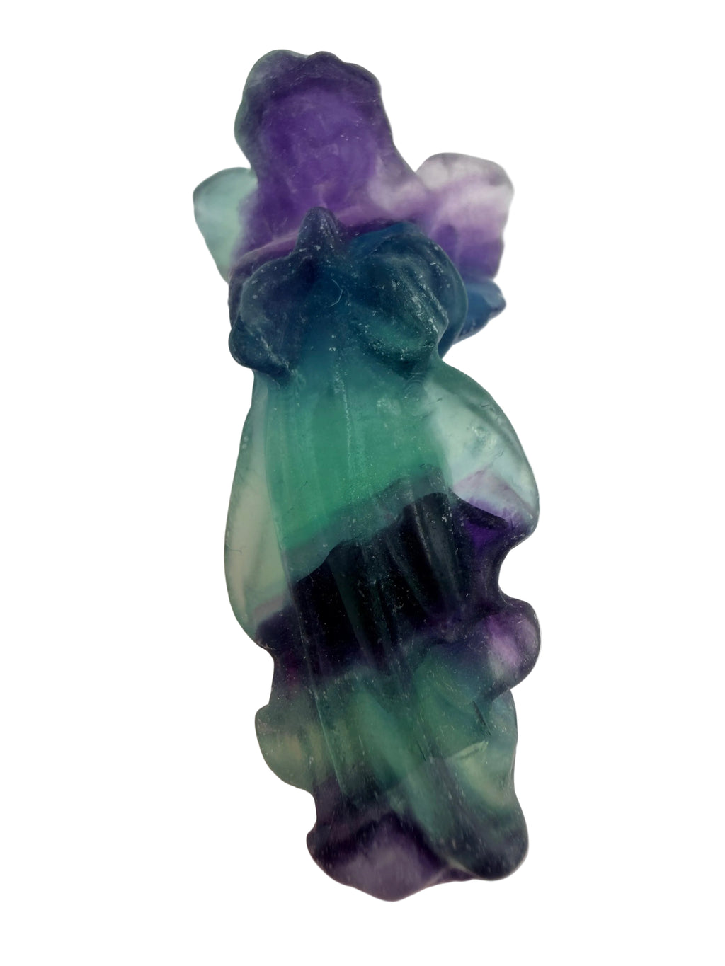 Rainbow Fluorite Angel Carving – Handheld Crystal Guardian (Green, blue & Purple Banding)