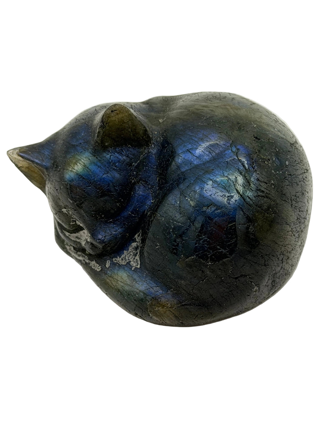 Labradorite Sleeping Cat Carving – Flashy Blue Sheen – 75g