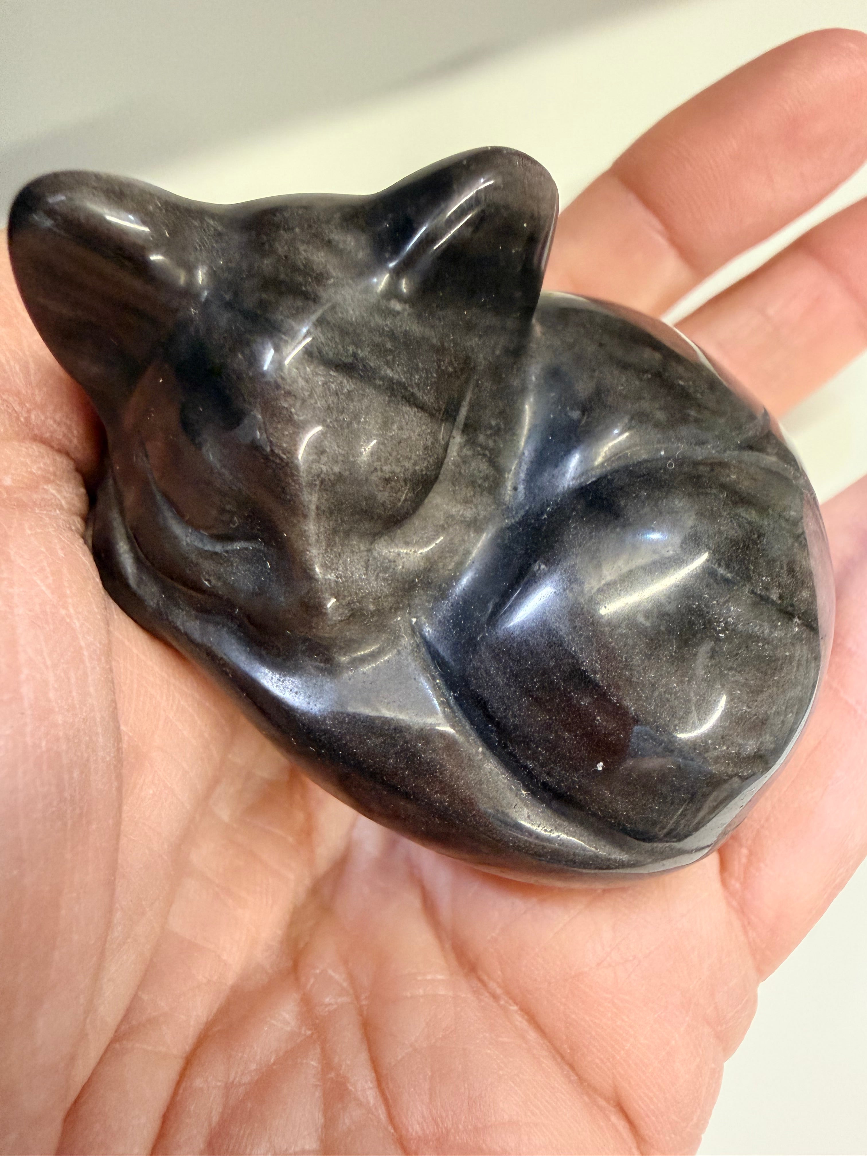 Silver Sheen Obsidian Sleeping Cat Carving – Crystal Cat – 101g