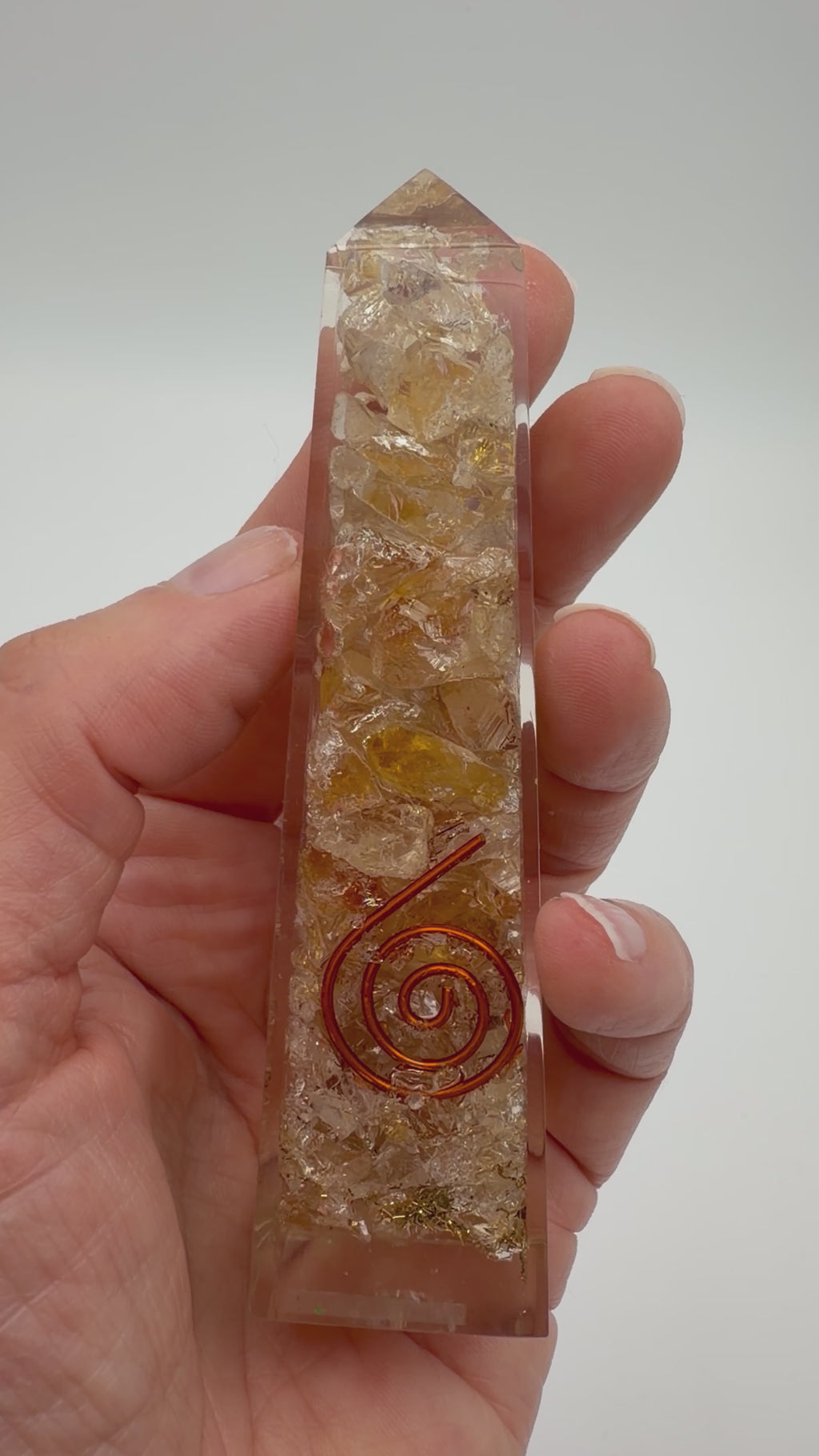 Citrine Crystal Chip Obelisk – Golden Quartz Resin Tower with Copper Coil