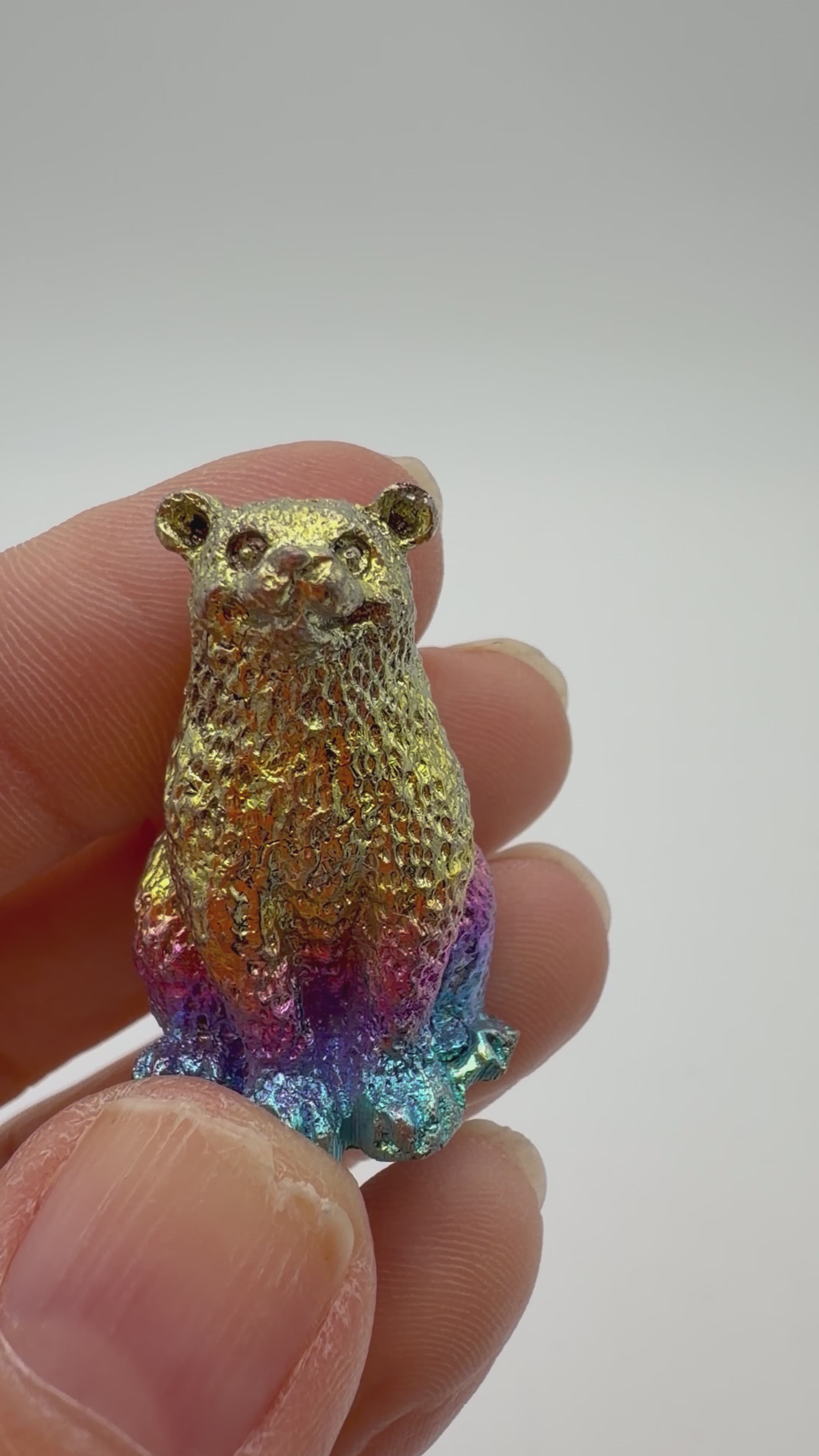 Solid Bismuth Bear Carving – Rainbow Metallic Crystal (49g)